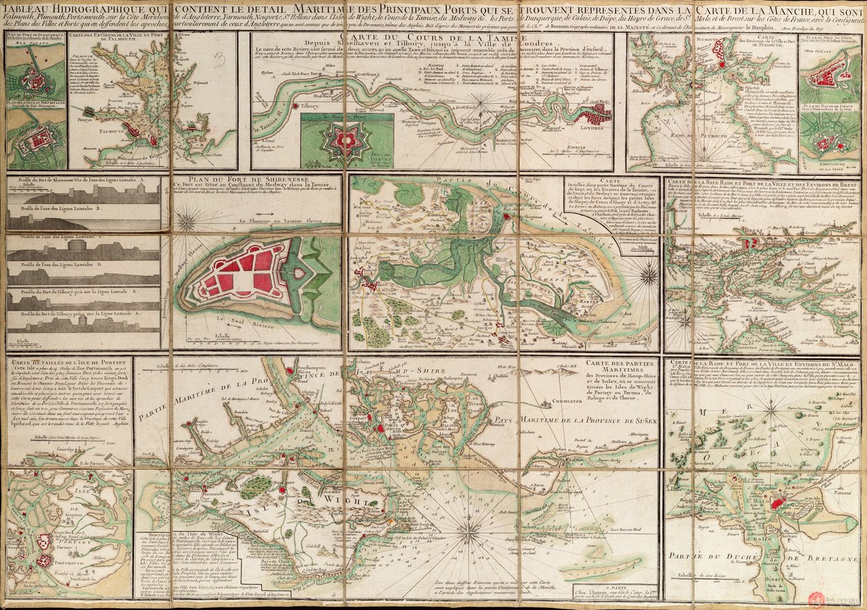 A table containing details of the main maritime ports that are represented in the map of the English Channel by Unknown artist