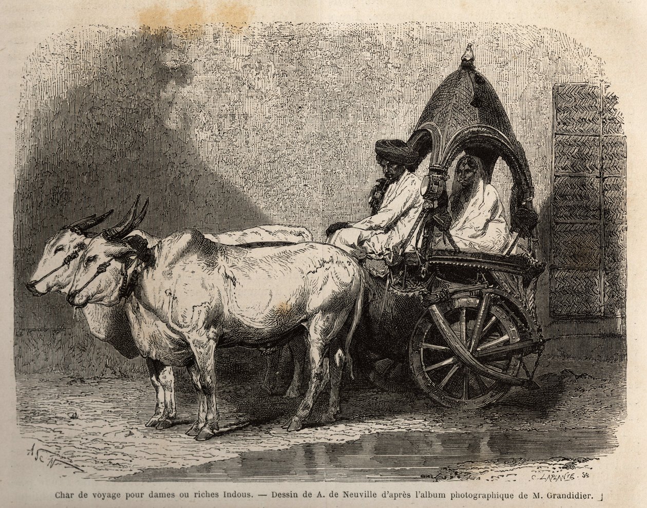 A travel tank fired by two white oxen, for ladies or Hindus wealthy. Engraving to illustrate the voyage in the meridional provinces of India, by Alfred Grandidier, in 1862-1864, published in le tour du monde, under the direction of Edouard Charton by Unknown artist