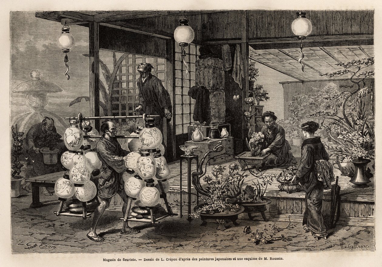 A Traveling Salesman of Painted Lantern Passes by a Florist Shop in Yedo (or Edo, Present-day Tokyo), Where a Woman Creates a Composition of Large Flowers, While Bonsai Size is Rather a Masculine Art. Engraving to Illustrate Japan, Travel Story by Aime Hum by Unknown artist