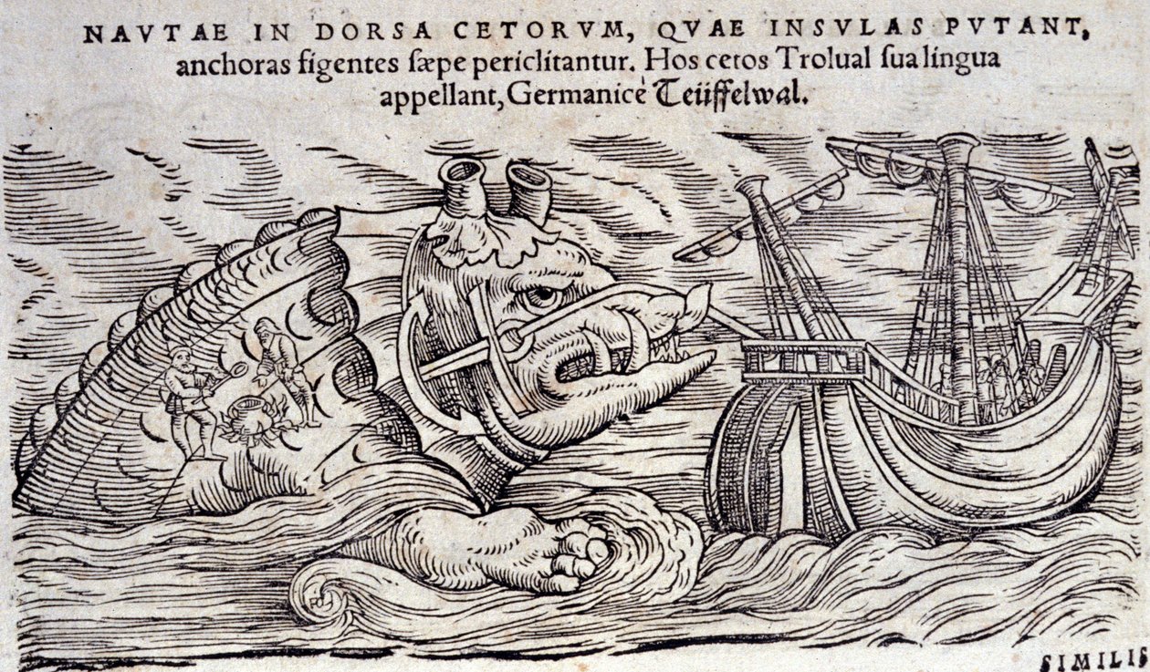 A whale confused with an island. Two people light a fire on the back of a marine monster. Engraving in 