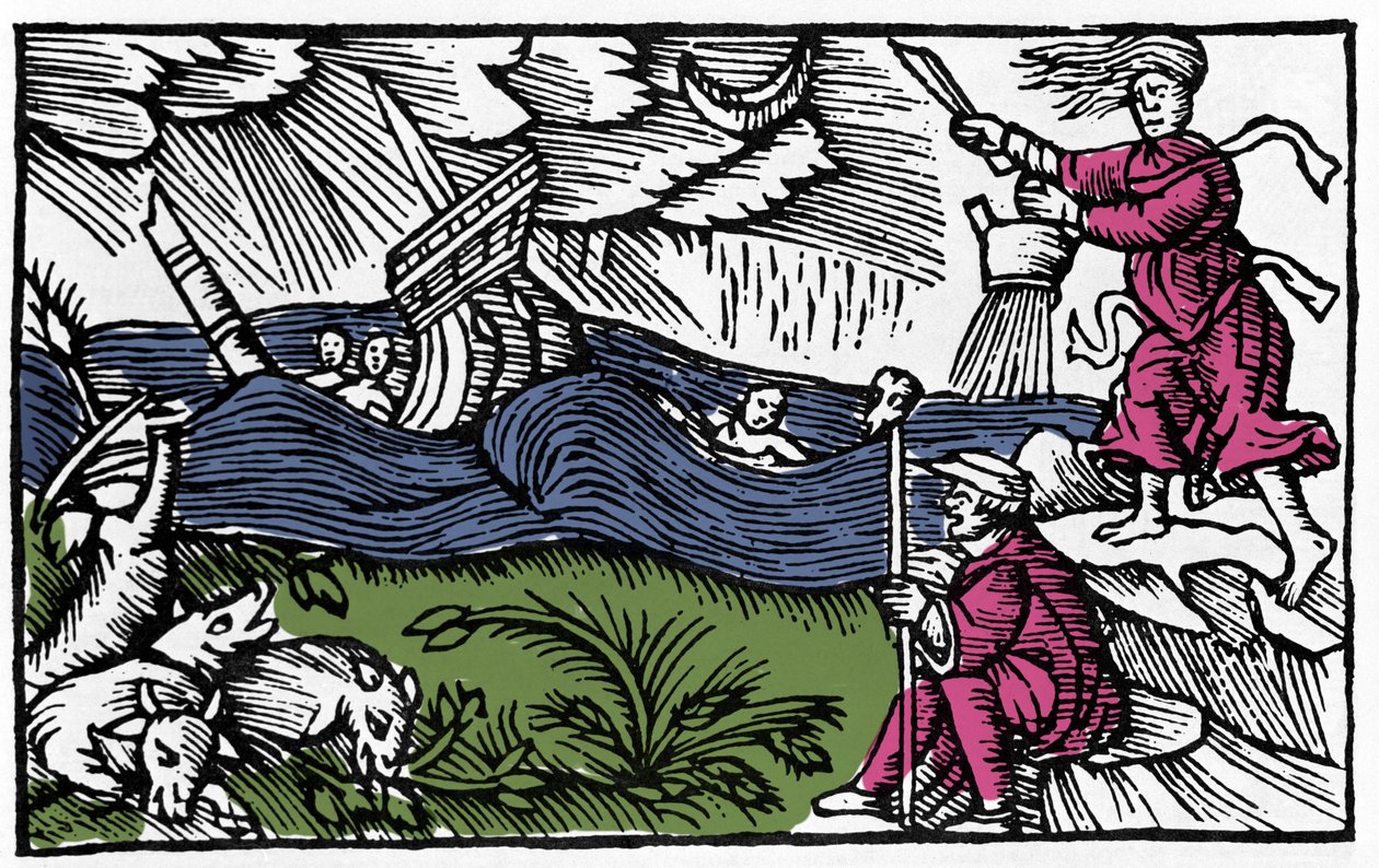 A witch causes a storm after Historia de gentis septentrionalibus by Olaus Magnus, Rome 1555 by Unknown artist