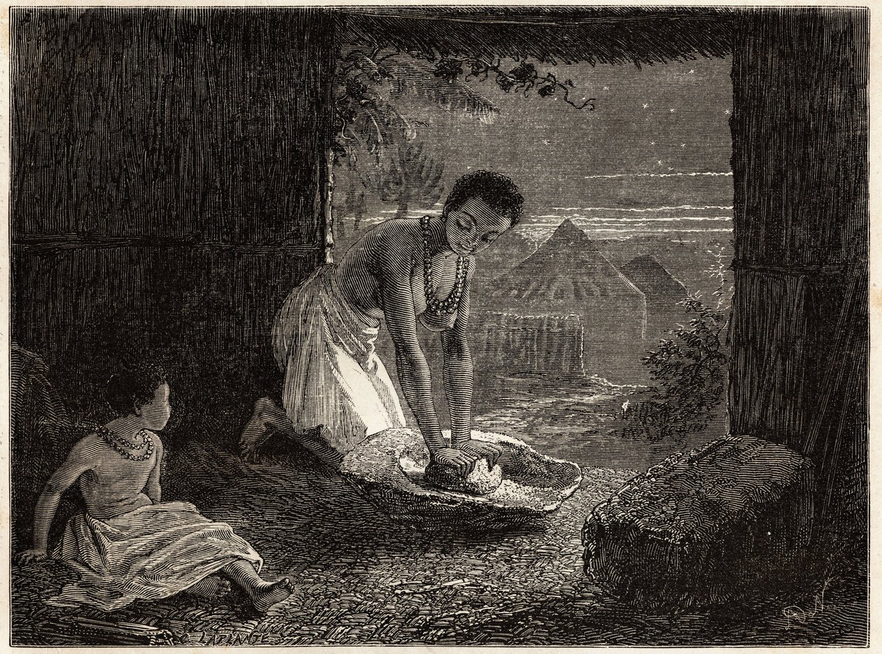 A woman grinding grain in a burner. Illustration for Dr. Livingstone