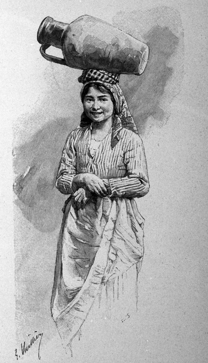 A young Sicilian woman carrying a jug on her head. by Unknown artist