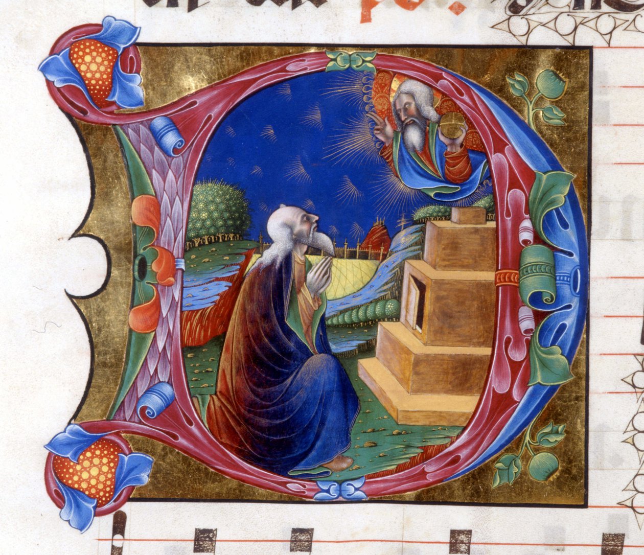 Abraham is invited by the Lord to leave his land. Miniature from a 15th century choir (