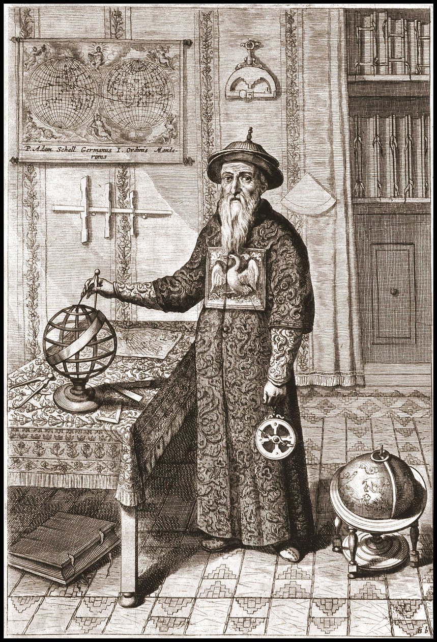 Adam Schall, Astronomer in Mandarin Costume, with Terrestrial and Celestial Globes and Astrolabe - in 
