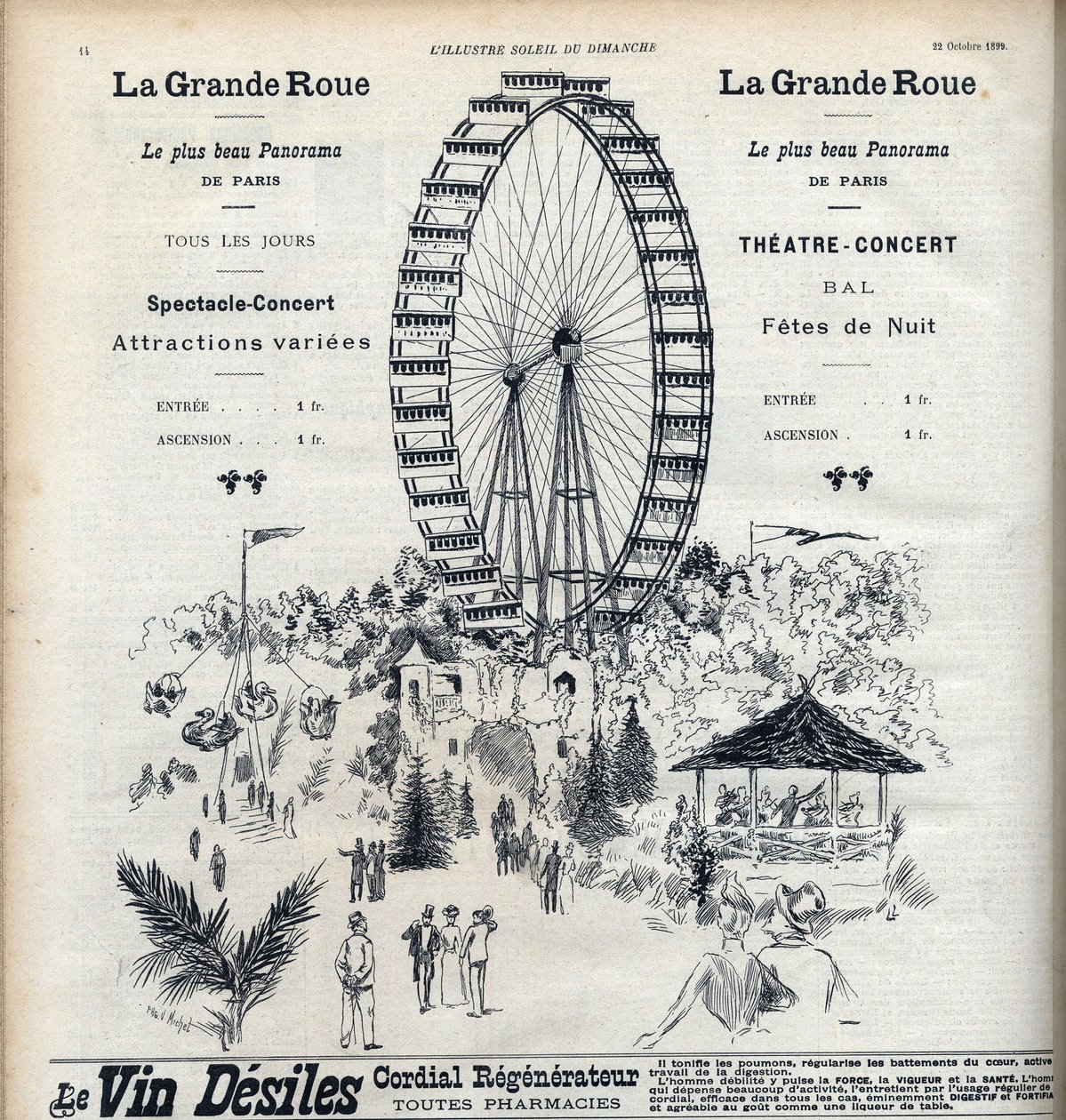 Advertising for the Ferris Wheel in Paris offering the most beautiful panorama of the city for 1 franc. Engraving in Le sun-du-dimanche by Unknown artist