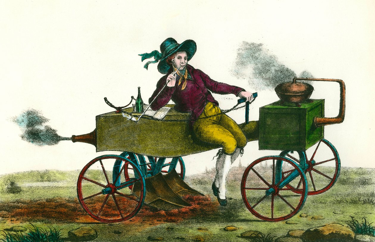 Agriculture: plowing scene with a steam machine in 1834. Anonymous ...