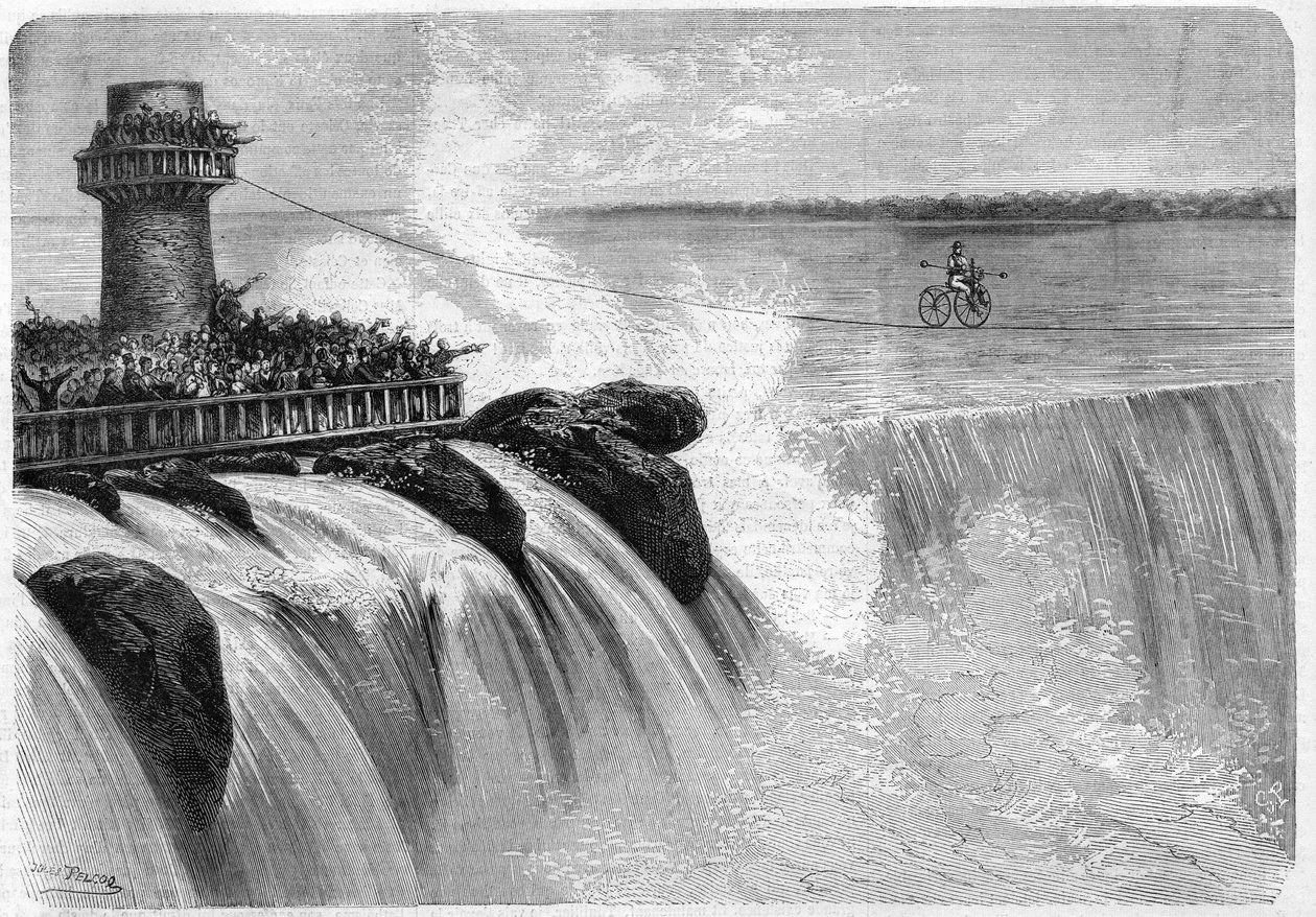 American Jenkins crossing Niagara Falls on a Velocipede in 1869. by Unknown artist
