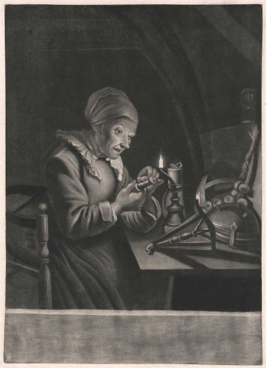 An Old Woman Repairs Her Spinning Wheel by Unknown artist