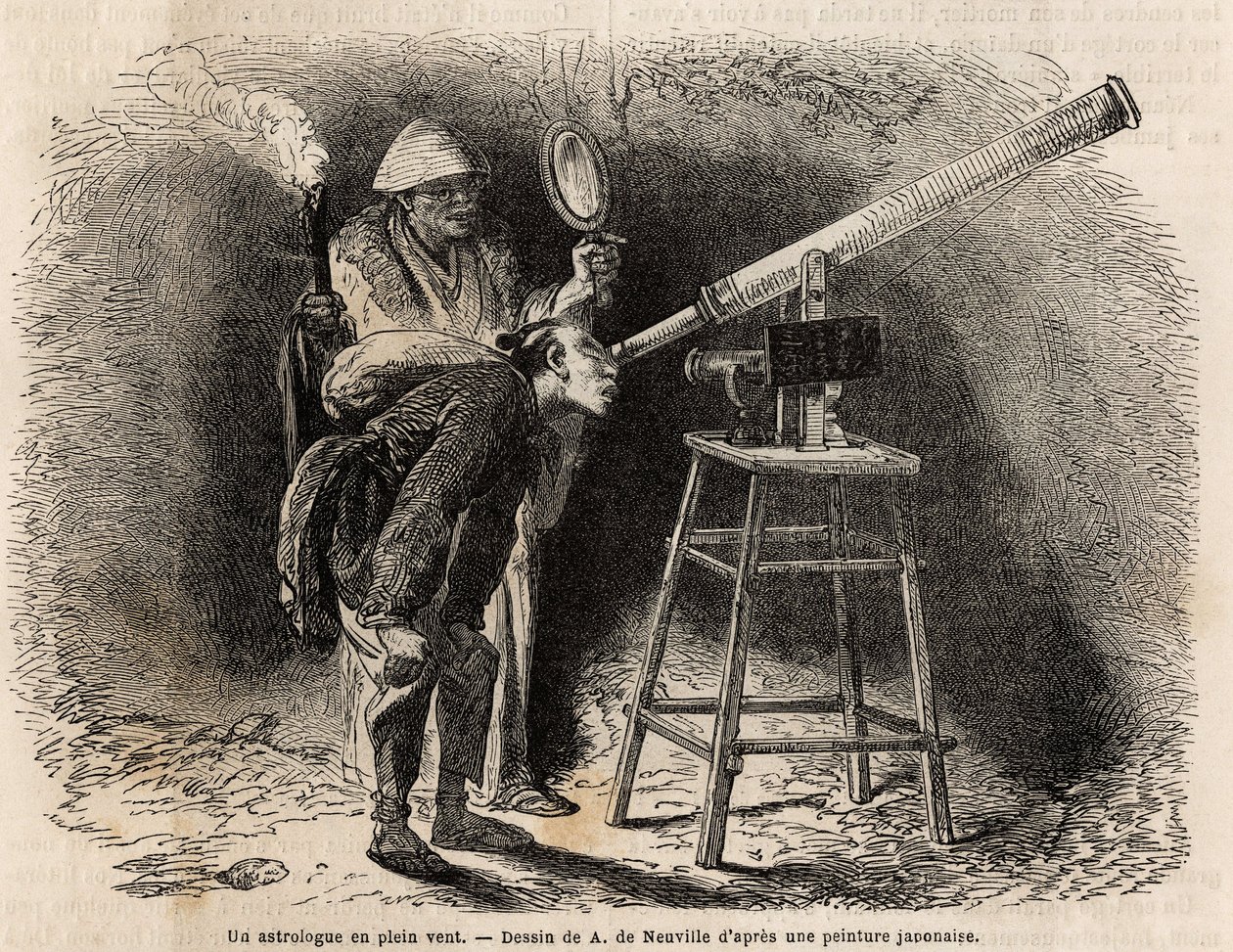 An Astrologer Searches the Sky in the Open Air Using His Telescope. Engraving to Illustrate the Voyage to Japan, in 1863-1864, by Aime Humbert, Minister of the Swiss Confederation, in Le tour du monde, nouveau journal des voyages published under the dir by Unknown artist