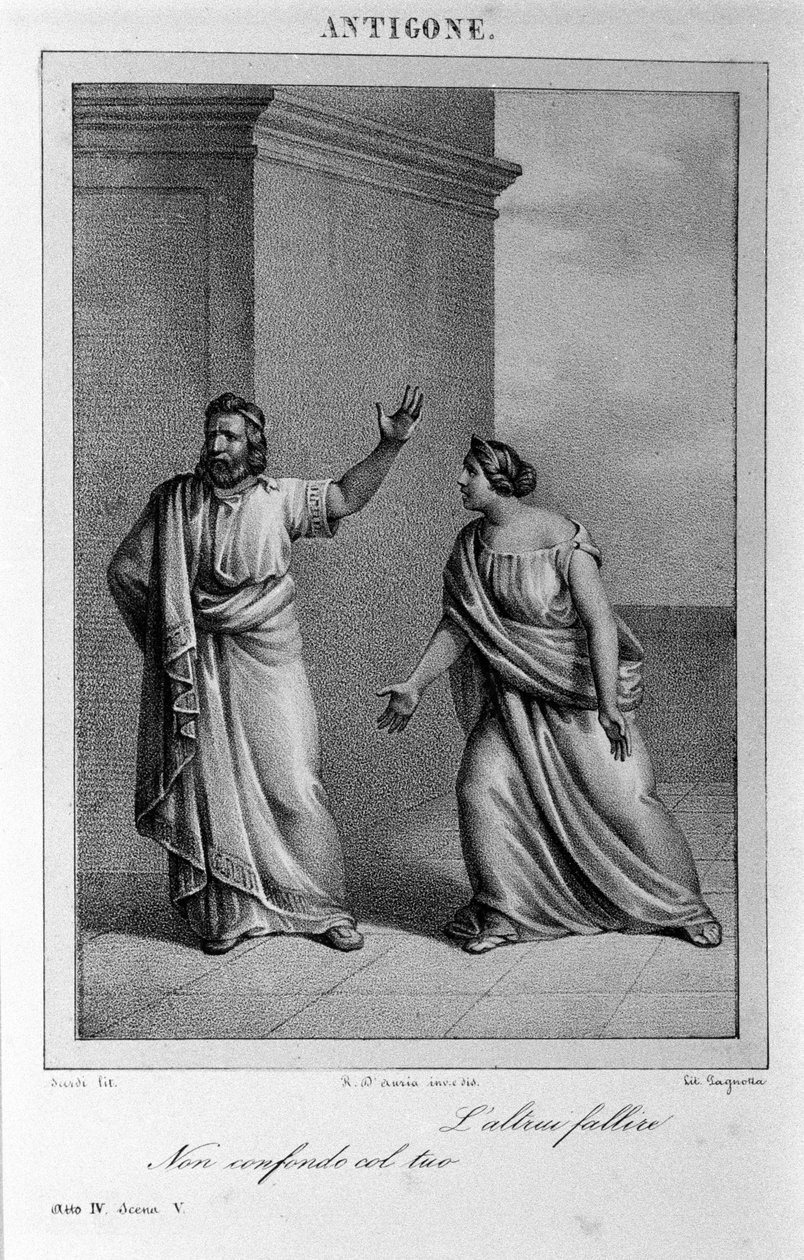 Antigone Act 4, scene 5. Italian tragedy by Vittorio Alfieri written in 1783 after Greek mythology. Engraving of the 18th century by Unknown artist