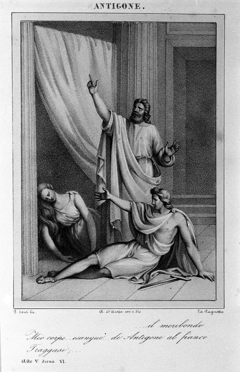 Antigone Act 5, scene 6. Italian tragedy by Vittorio Alfieri written in 1783 after Greek mythology. Engraving of the 18th century by Unknown artist