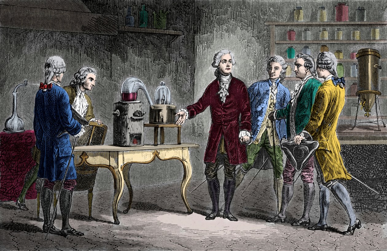 Antoine Laurent Lavoisier showing fellow scientists his experiment