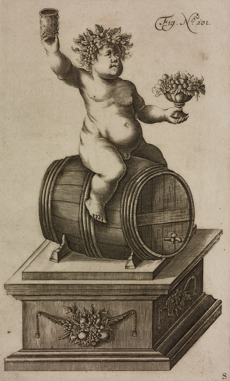 Bacchus on Barrel, Mannequin to Launch Fireworks, Engraving from Grand Art of Artillery by Casimir Siemienowicz by Unknown artist