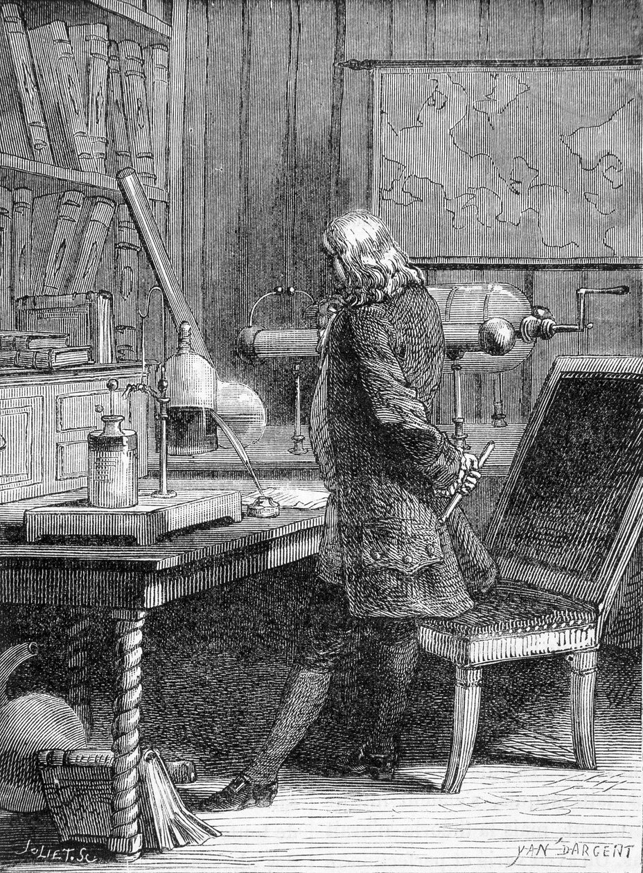 Benjamin Franklin, American Politician and Physicist (1706-1790) in His Physics Laboratory in Philadelphia - Engraving by Unknown artist