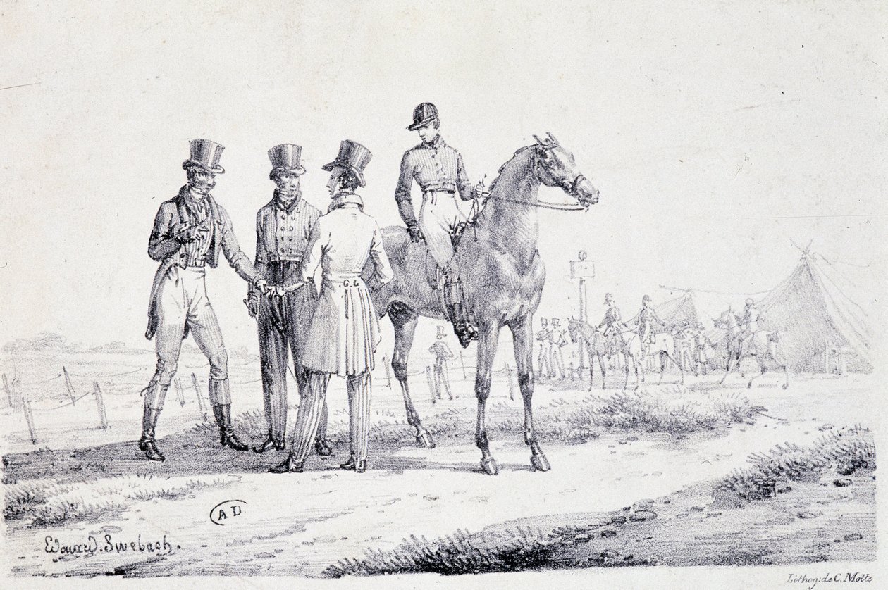 Bet on the edge of the racefield with a jockey on horseback - lithography, early 19th century by Unknown artist