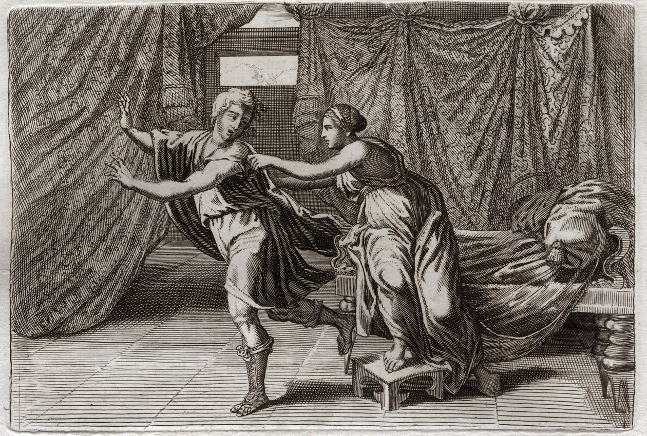 Bible of Royaumont, Old Testament: Chastity of Joseph. Joseph solicited by the wife of Potiphar, and put in prison. Illustration from 1811 by Unknown artist