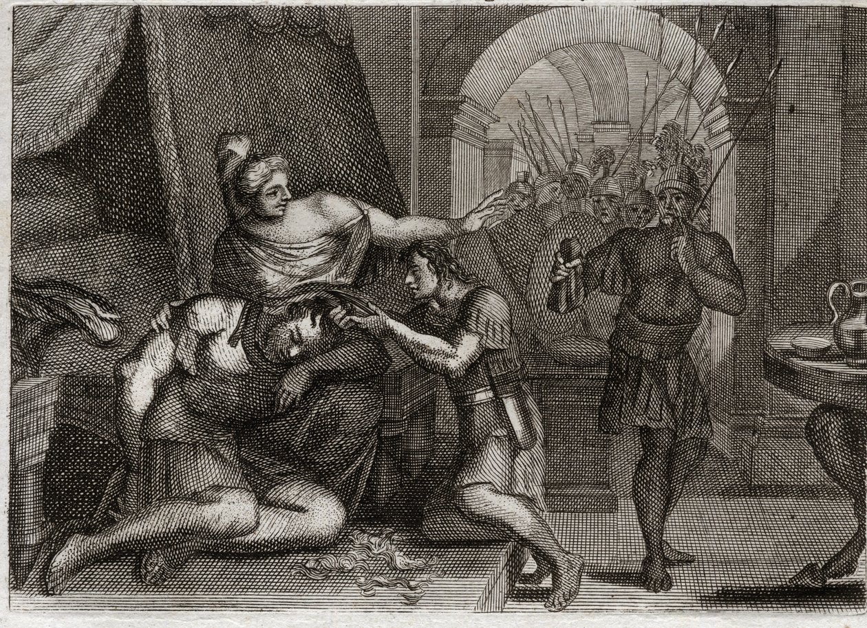 Bible of Royaumont, Old Testament: Death of Samson. Samson reveals to Delilah that his strength was in his hair. She cuts his hair and brings the Philistine soldiers into the room. Illustration from 1811 by Unknown artist
