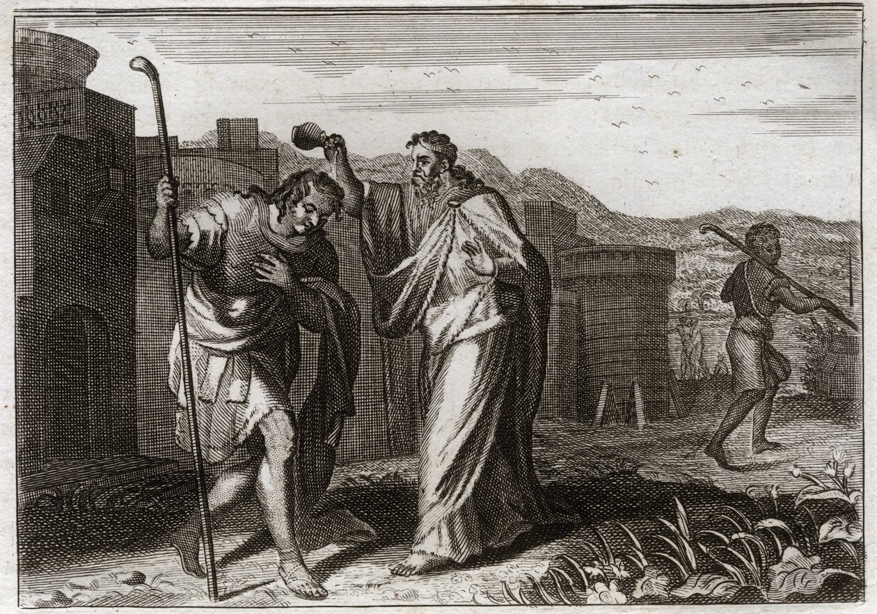 Bible of Royaumont, Old Testament: Rite of Saul. Samuel, by order of God, sacred Saul to be King of the Jews. Illustration from 1811 by Unknown artist