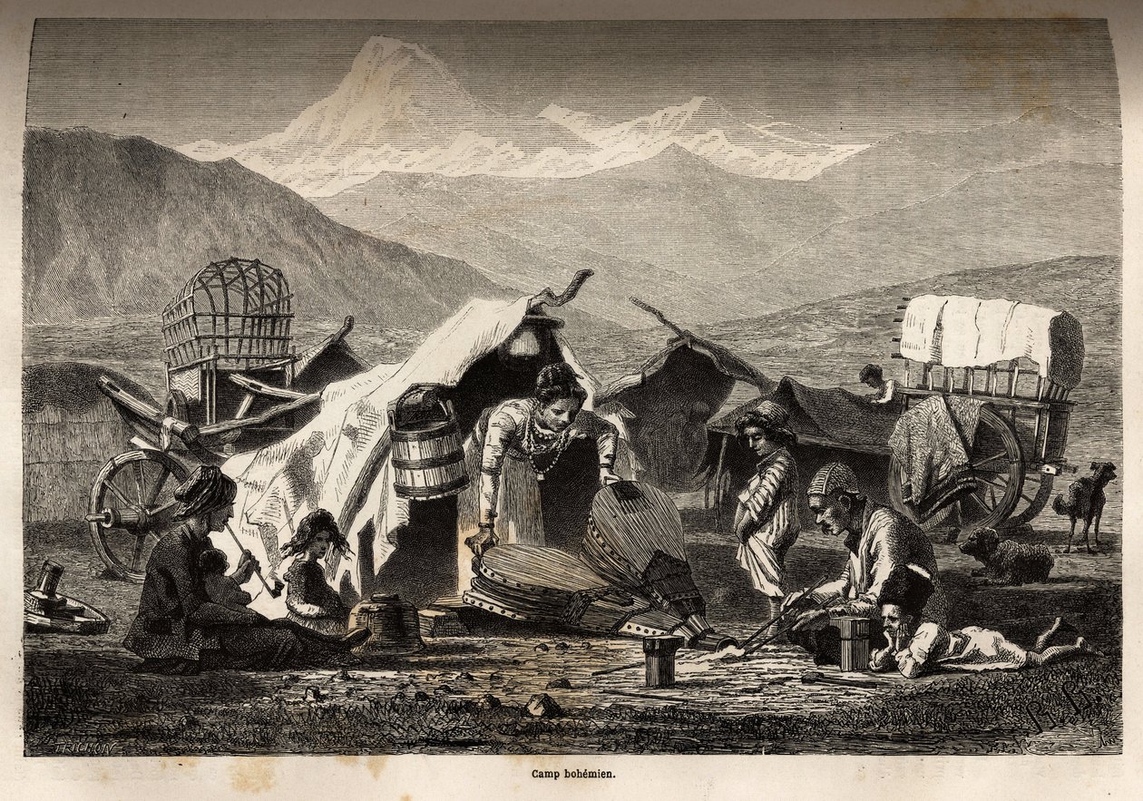 Bohemian camp. Engraving to illustrate the voyage in the provinces of the Caucasus, by Basile Vereschaguine, in 1864-1865, published in 