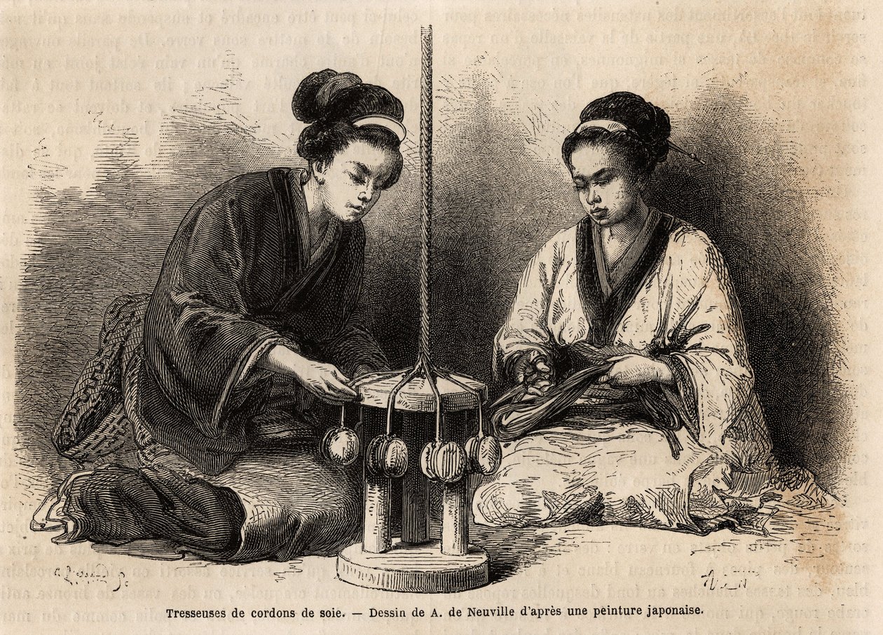 Braiders of silk cords, in their workshop in Yedo (or Edo, present-day Tokyo); these braids are very extended since they are used to arrange and maintain military and civilian costumes (the Japanese ignore the button and the clip to tie the clothes). Engra by Unknown artist
