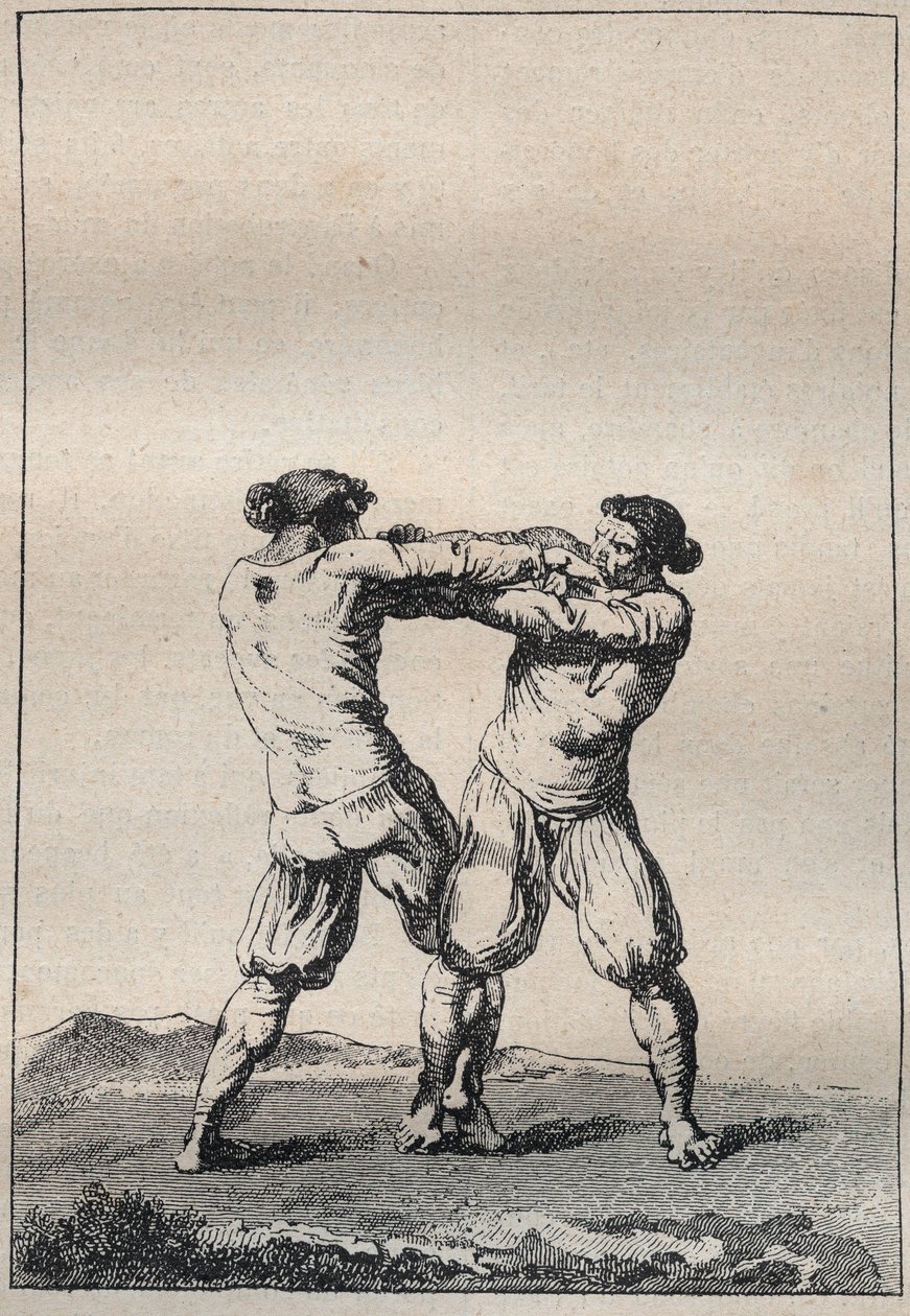 Breton wrestlers engraving in 