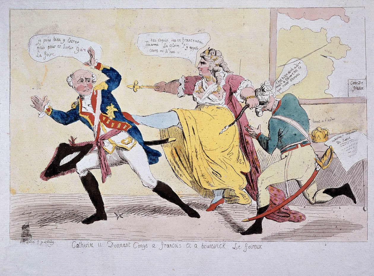 Catherine-II giving leave to François and Brunswick the Foireux, caricature, late 18th century by Unknown artist