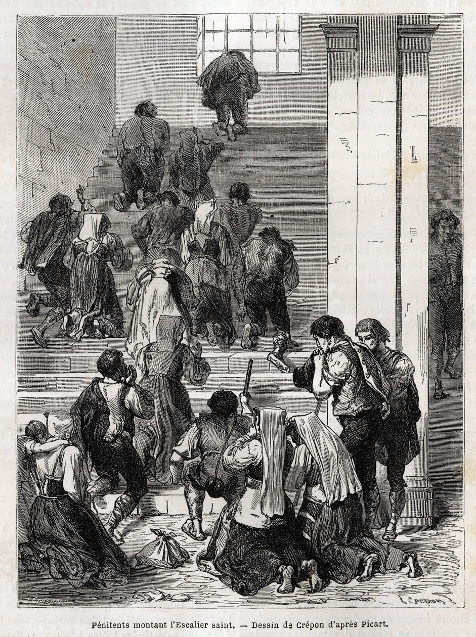 Catholic Penitents Ascending the Holy Staircase to Rome, Engraving to Illustrate the Story of Ludovic Celler by Unknown artist