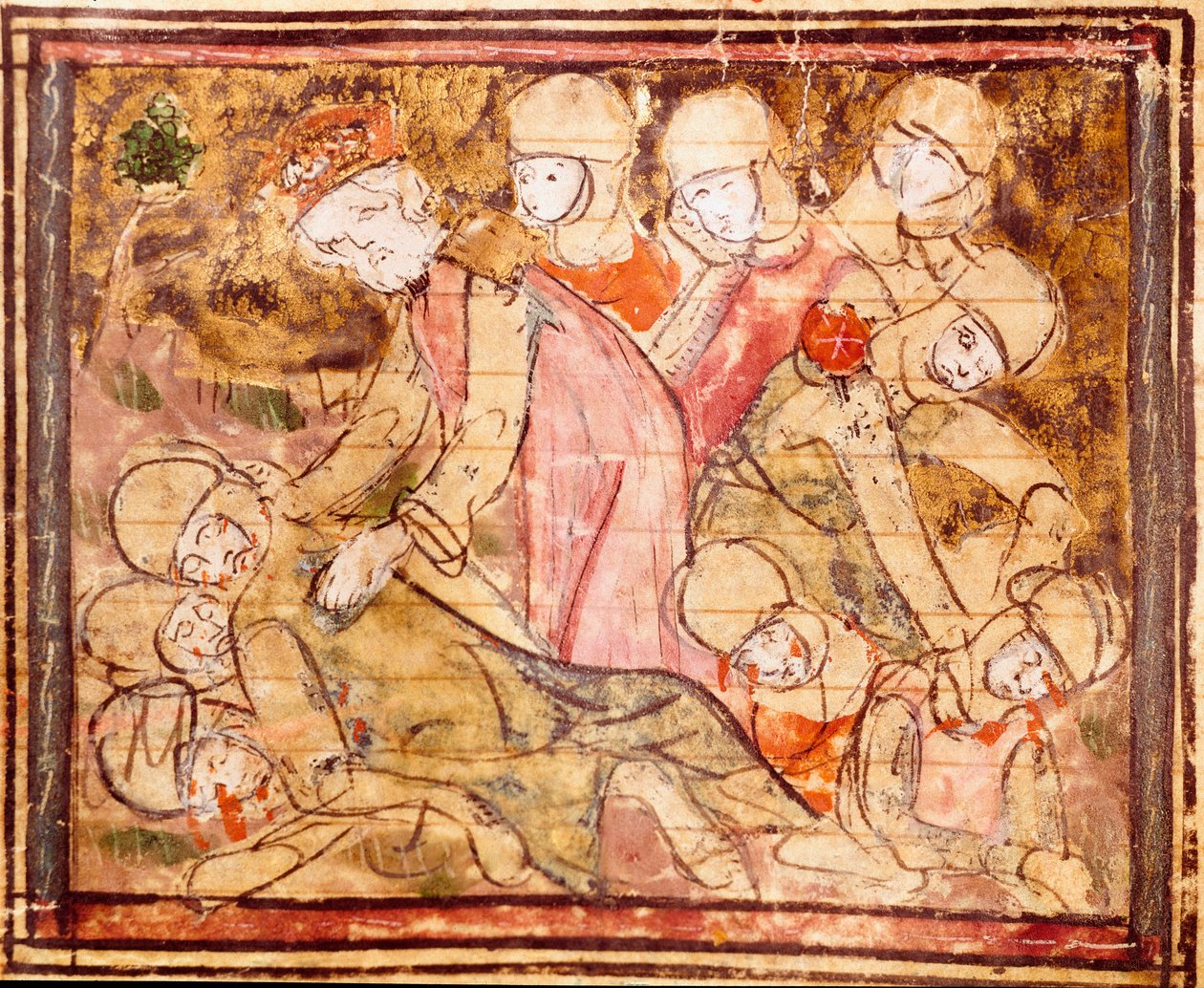 Charlemagne (742-814) Finds the Body of His Nephew Roland Who Died at the Battle of Roncesvaux. Miniature from 
