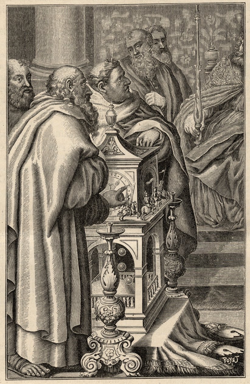 Charlemagne receiving the gift of a clepsydra (water clock) from Harun al-Rashid - In 797 the caliph of Baghdad, Harun al-Rashid offers Charlemagne a clepsydra emblematic of the technological know-how of Arab civilization by Unknown artist