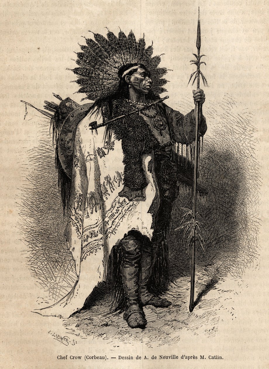 Chief Yellow Moccassin, of the Crow Indian tribe, living along the Lewis River. Engraving to illustrate an excursion among the Indian tribes of the basins of Colombia and Upper Missouri, by G. Catlin, in 1855, published in 