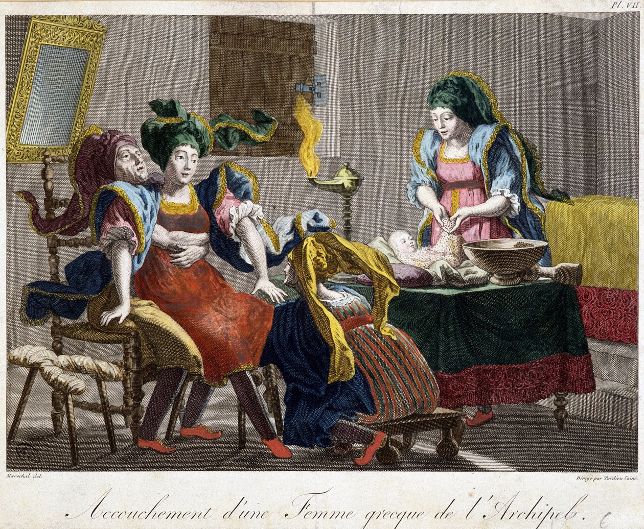 Childbirth in Greece - engraving, late 19th century by Unknown artist