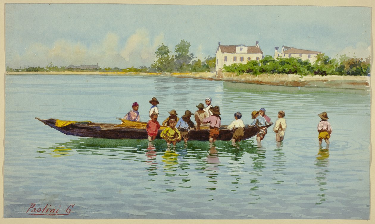 Children with Boat on Venetian Lagoon by Unknown artist