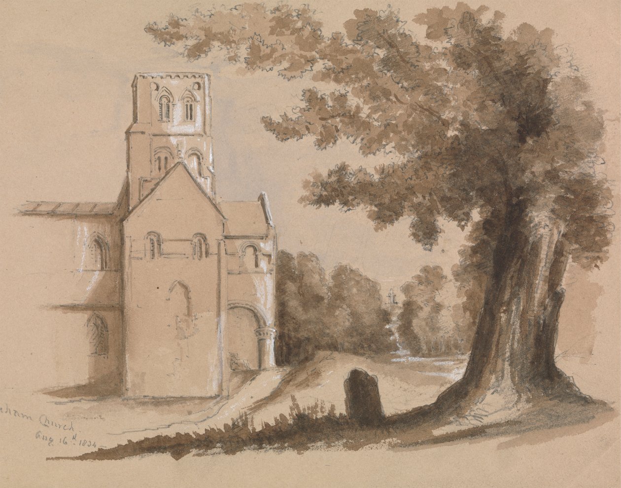Church with Tree and Tombstone in the Foreground by Unknown artist