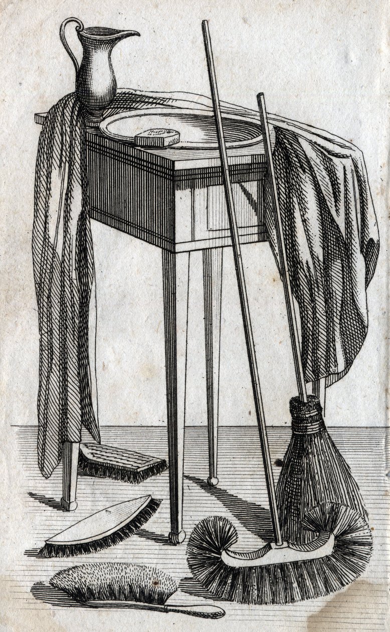 Cleaning and cleaning accessories: soap, washbasin, broom and brushes. End engraving of the 18th century. Private collection by Unknown artist