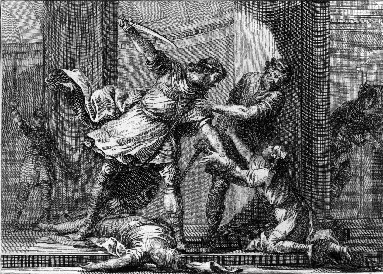 Clotaire I (c.497-561) and Childebert I, the Frankish kings, murdered two sons of their brother Clodomir (495-524). Engraving of the 18th century by Unknown artist