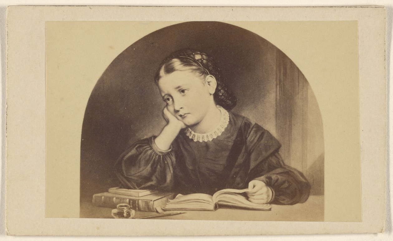 Copy of a Painting of a Dejected Looking Young Girl Reading a Book at a Table by Unknown artist