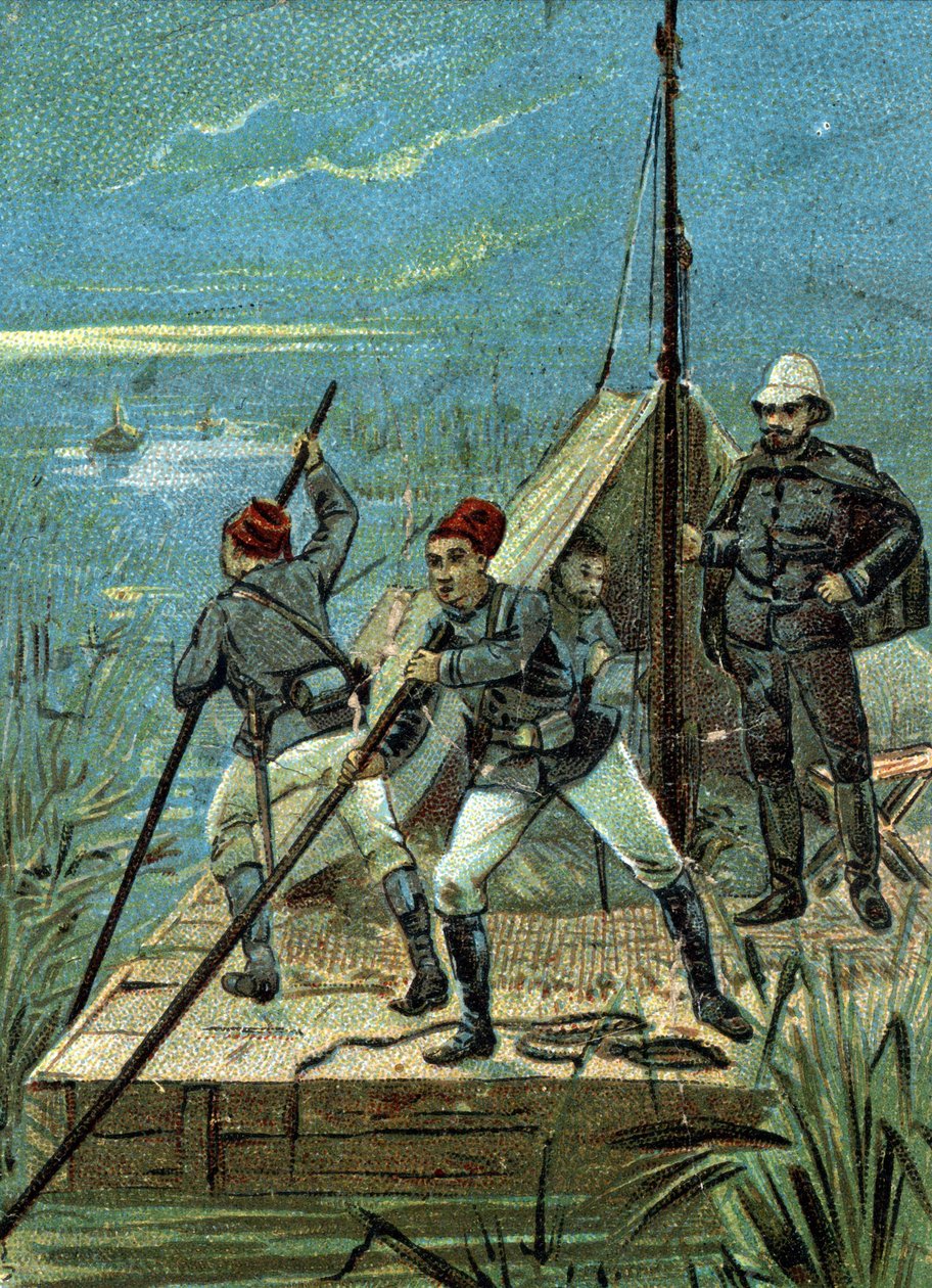 Crossing the marshes of Bahr el Ghazal in Africa by the Marchand mission in 1899. Liebig chromolithography of the 19th century by Unknown artist