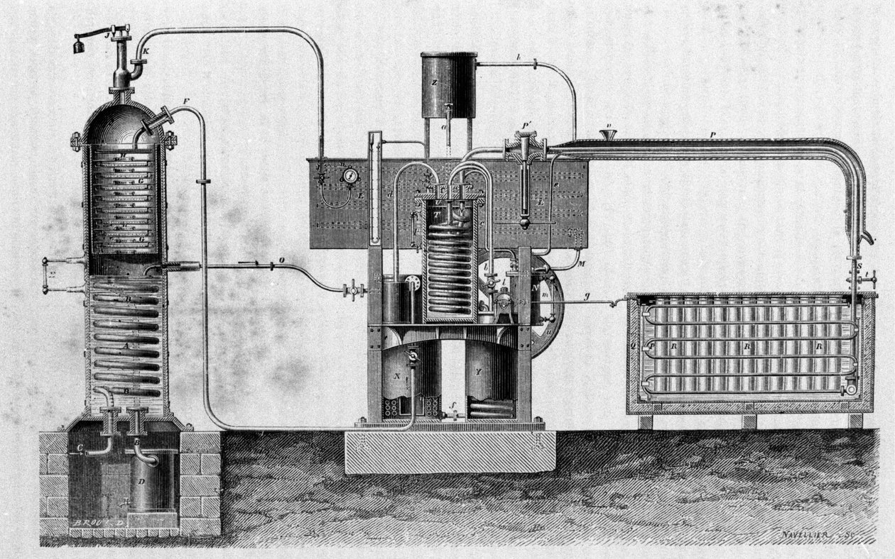Cutting of the industrial equipment for the manufacture of ice of Ferdinand Carré. Engraving of the 19th century by Unknown artist