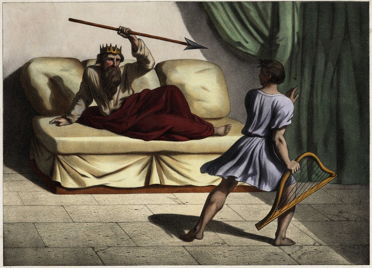 David playing the cithar before King Saul to appease him by Unknown artist
