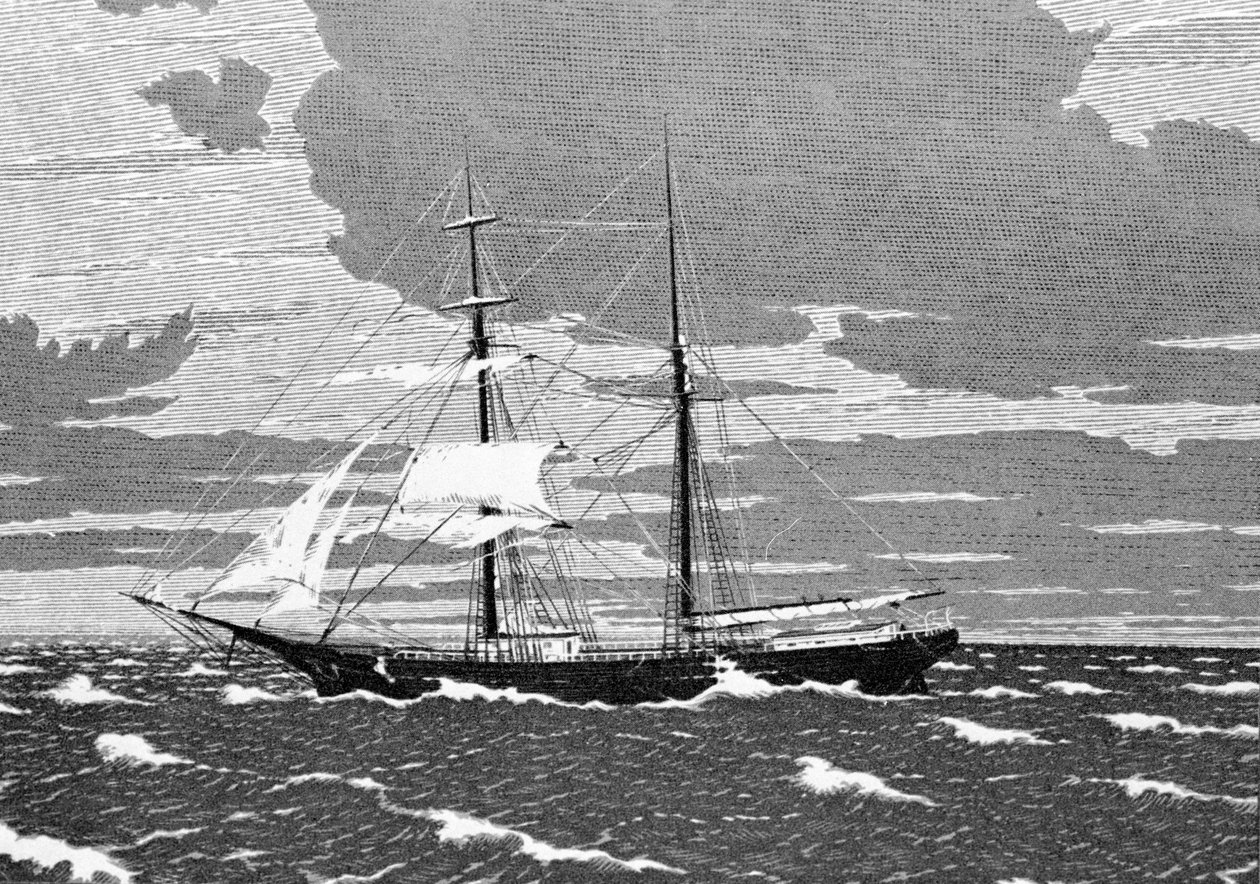 December 1872: Mary Celeste Found Abandoned in the Middle of the Atlantic, Off the Azores Islands. The Captain, His Wife, Their Two-Year-Old Daughter, and Eight Crew Members Disappeared (19th century engraving) by Unknown artist