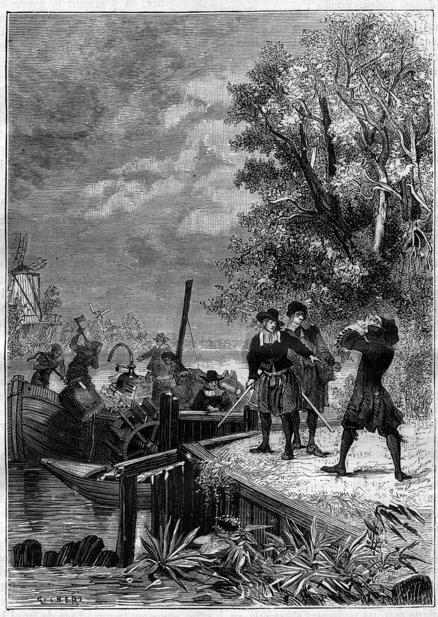 Denis Papin (1647-1712) physicist, mathematician and French inventor, looks at his boat equipped with his new invention, a steam machine system still unknown, destroyed by boatmen to sell some pieces. Engraving in La Nature by Unknown artist