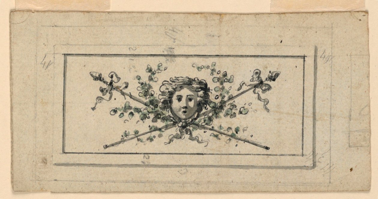 Design for a panel with a head in front of two crossed thyrsi by Unknown artist