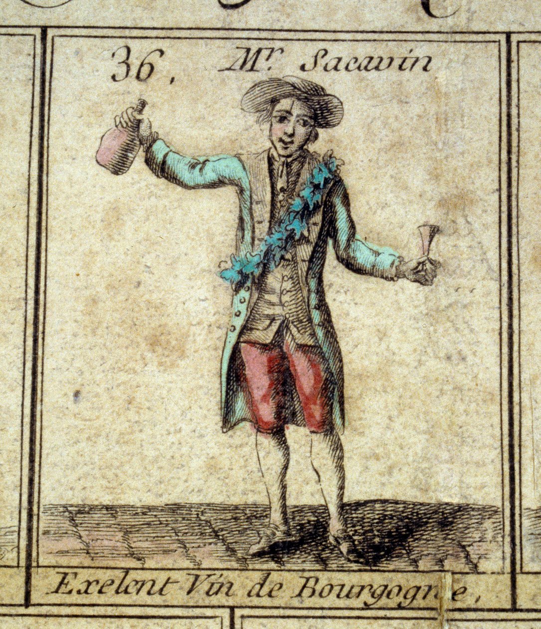 Detail of the game of the Goose of the Cree of Paris: Mr Sacavin, wine drinker from Bourgogne. Engraving of the 18th century by Unknown artist