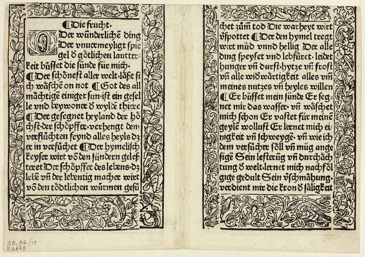 Devotional passages with ornamental borders from Andächtig Zeitglöcklein des Leben und Leidens Christi, Plate 17 from Woodcuts from Books of the 15th Century by Unknown artist