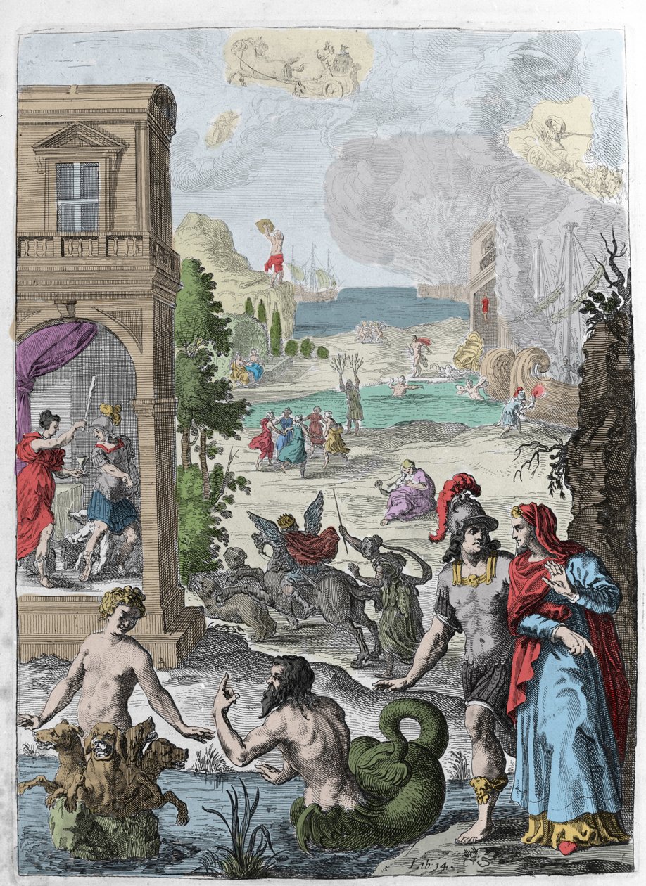 Different Metamorphoses, in the Foreground Scylla and the Marine God Glaucos in Love with Her, in the Background the Hanged Iphis Rejected by Anaxarete. Illustration from Book XIV of 