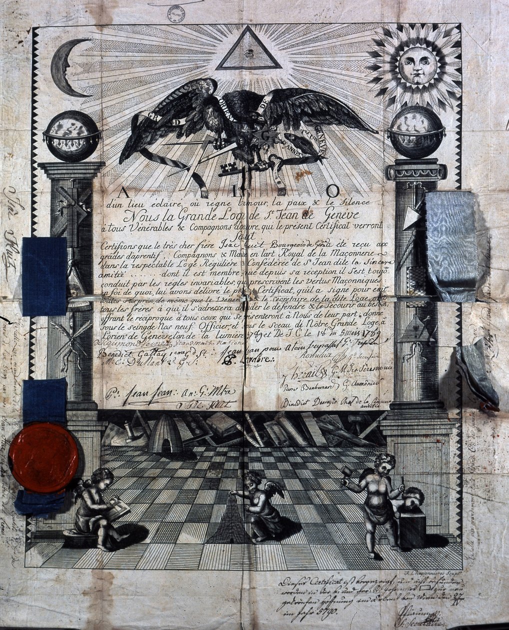 Diploma of Isaac Huit as a Companion and Master in the Royal Masonry Art, awarded in 1789 by the Grand Lodge of St-Jean in Geneva by Unknown artist