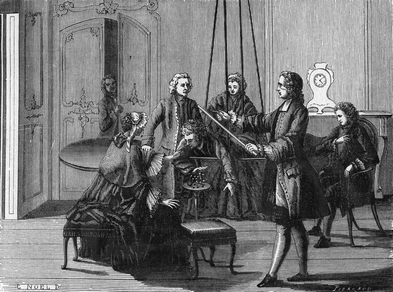 Dufay experiment. Charles François Du Fay (1698 - 1739), a French chemist and physicist, showed that electric sparks can be drawn from the human body. Engraving from the Science Album. France 19th century. by Unknown artist