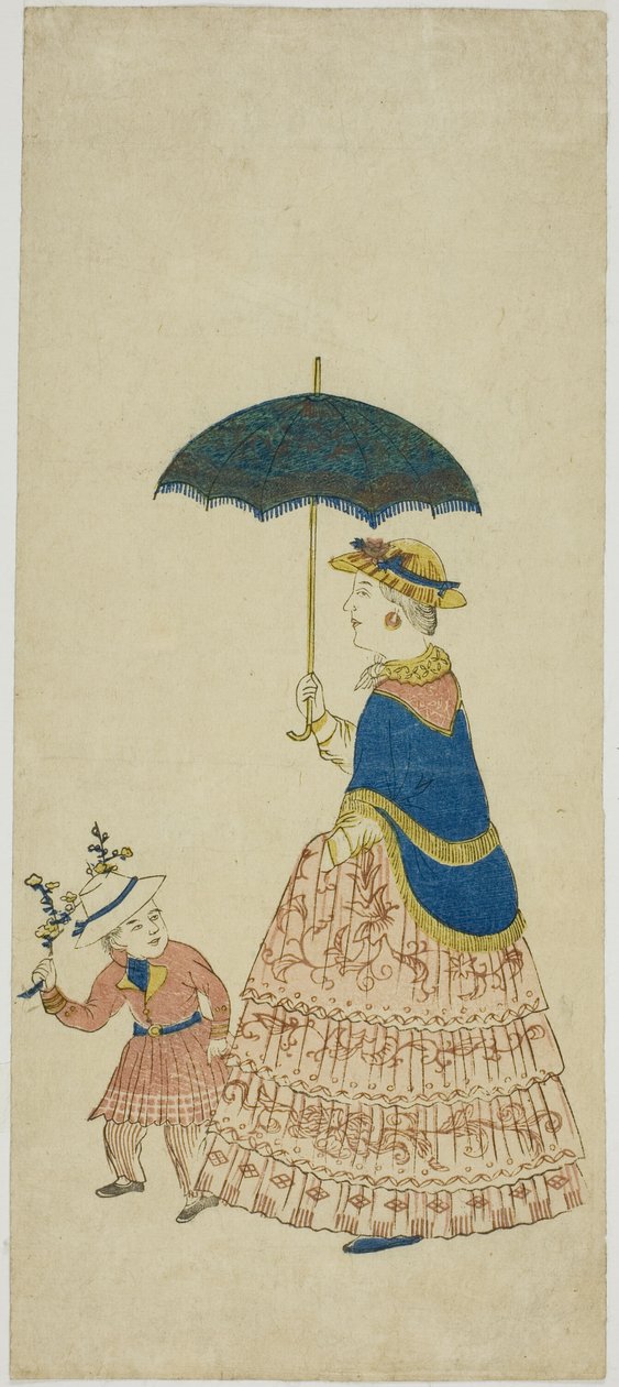 Dutch Lady Carrying Parasol with Little Boy by Unknown artist
