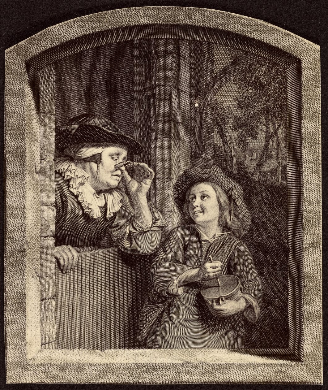 Engraving of Old Woman and Boy by Unknown artist